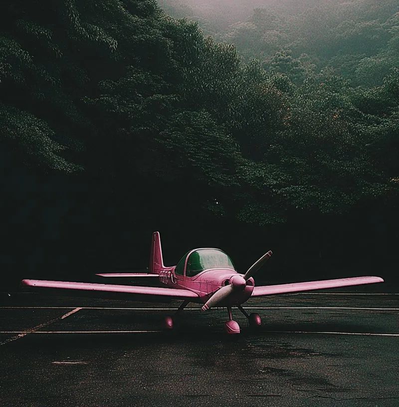 A bright pink airplane over a landscape
