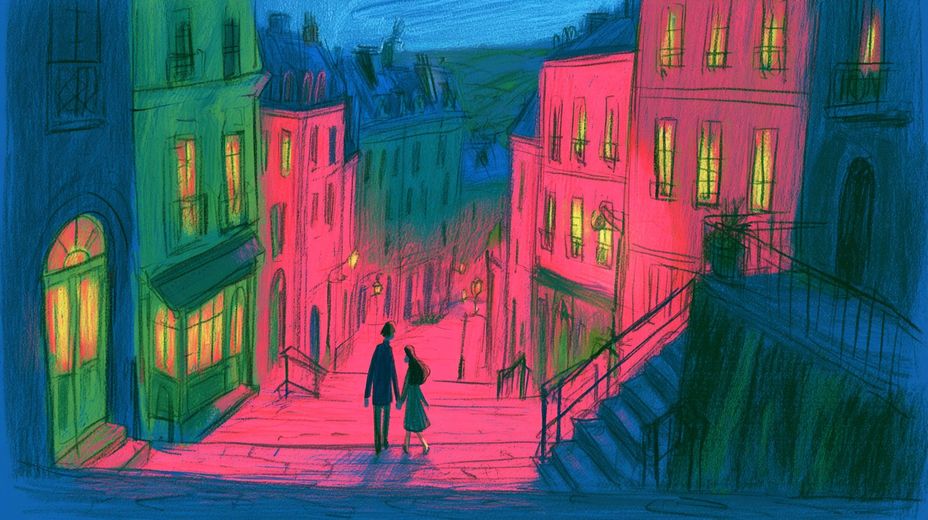 A colorful illustration of two travelers on a Parisian staircase at night