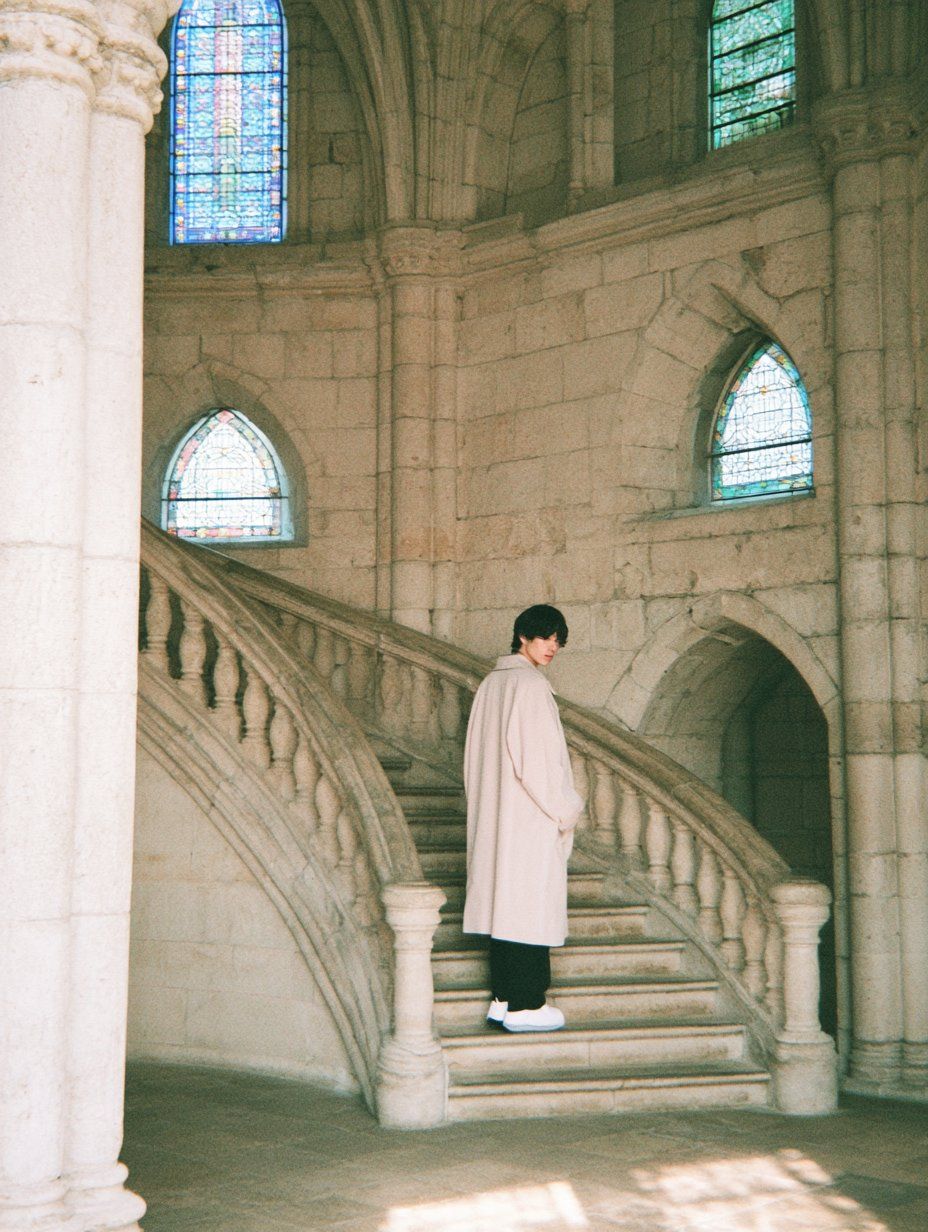 A traveler standing on a sunlit stone staircase beneath stained-glass windows