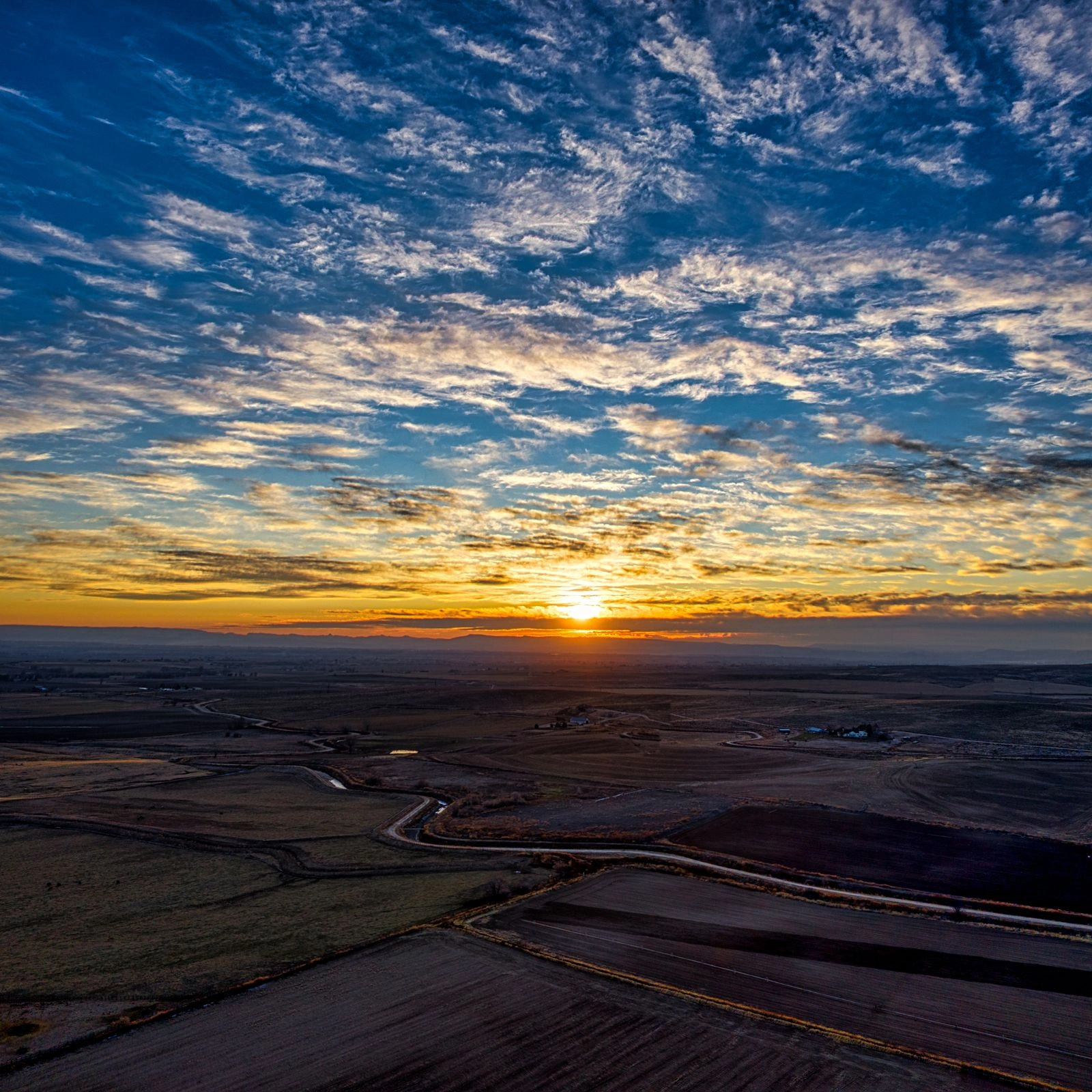 Sunset over farm fields in Caldwell, Idaho