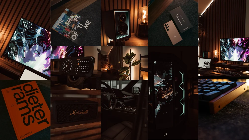 A warm collage of Dimitris’s desk setup, PC, tech, books, phone, and car