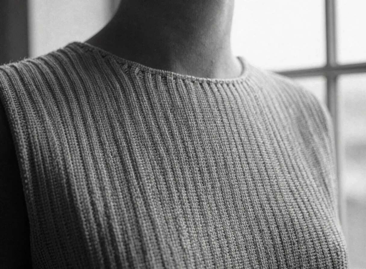 Black-and-white close study of a structured woven garment