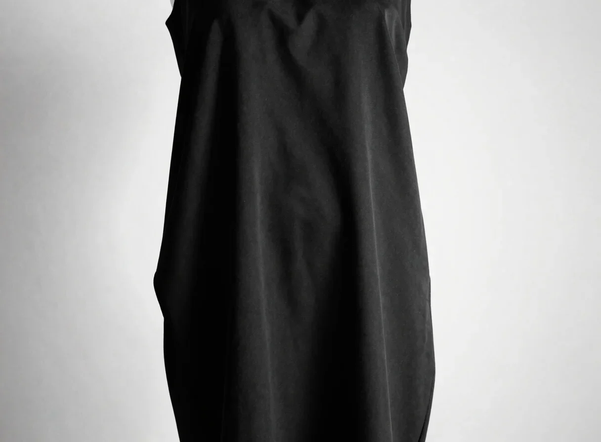 Minimal black garment silhouette against a pale studio background