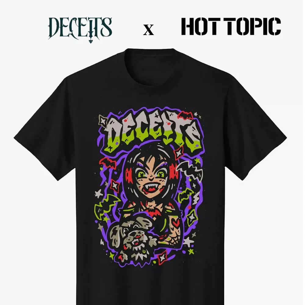 DECEITS cartoon vampire and dog black T-shirt