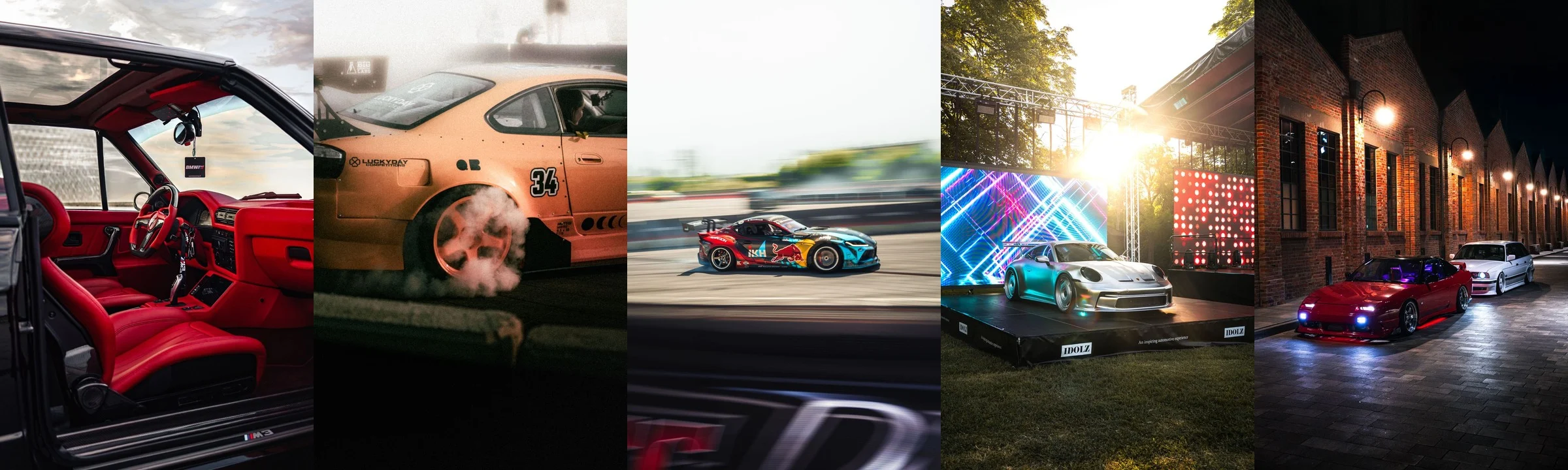 Five-image automotive collage featuring a red interior, a drifting car, a race car in motion, a display car, and two cars at night