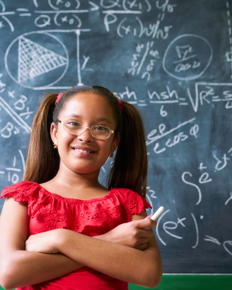 Girl with a chalkboard of mathematics behind her