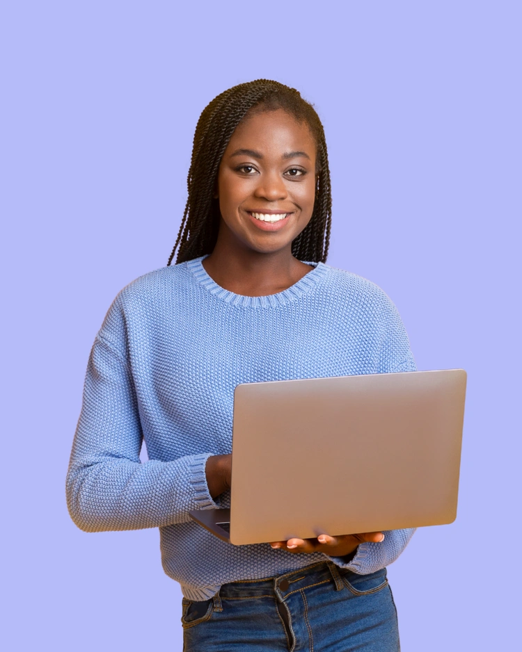 Young woman smiling with a laptop against a lavender background
