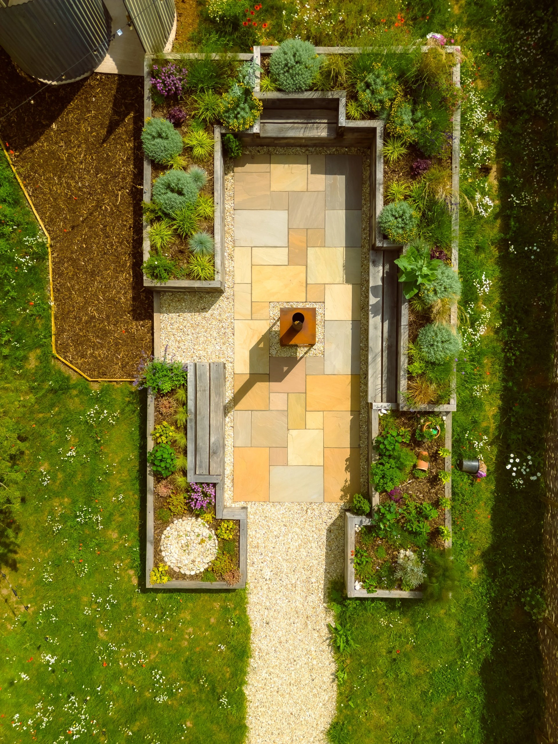 Aerial view of the Heat & Herb Garden beside the saunas