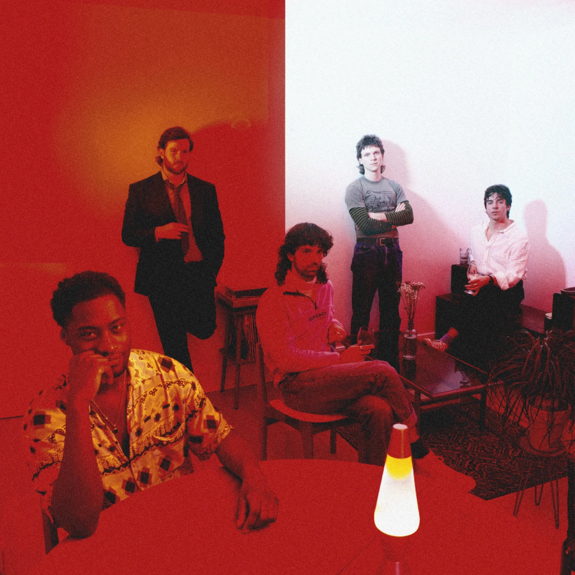 Five members of FEZ in a stylised red-and-white portrait