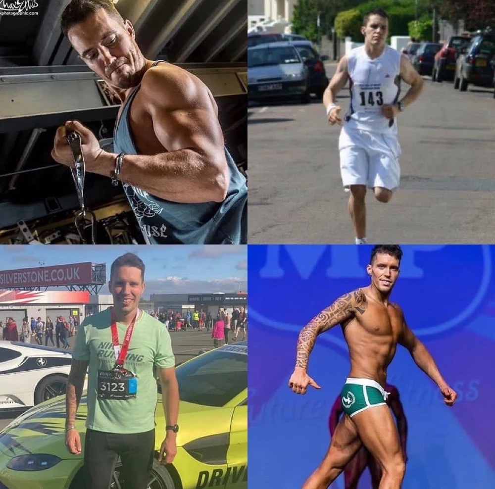 A collage showing Ash Fox across running, strength training and physique sport