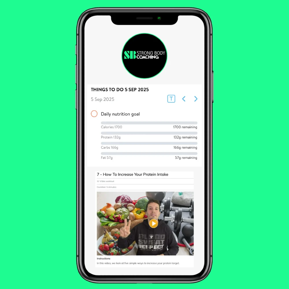 Online coaching app showing a daily nutrition goal and educational video