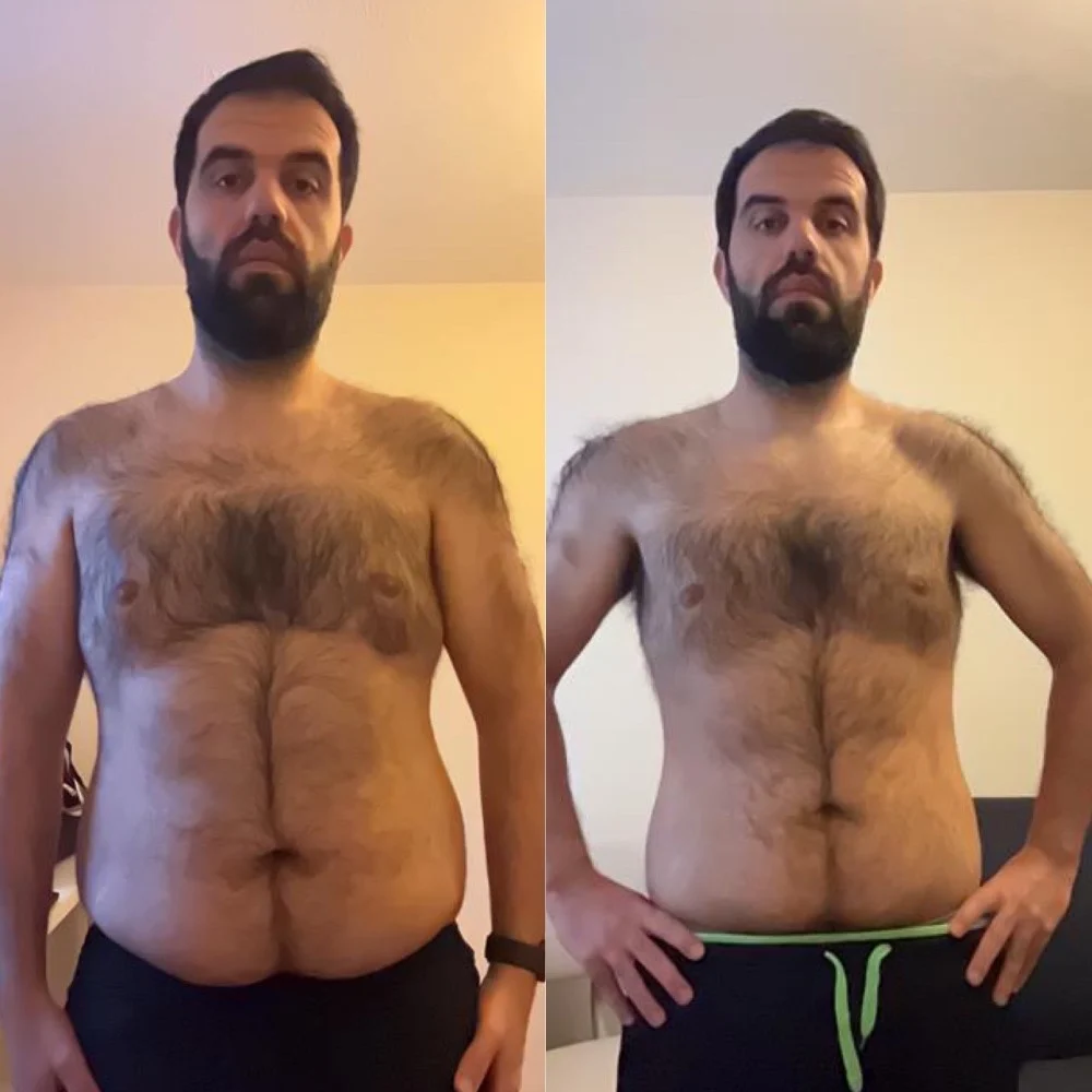 Client fitness progress shown in two side-by-side photographs
