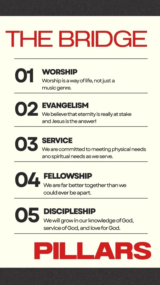 The Bridge ministry pillars: worship, evangelism, service, fellowship, and discipleship