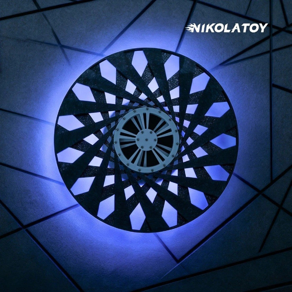 Circular light sculpture glowing blue and white