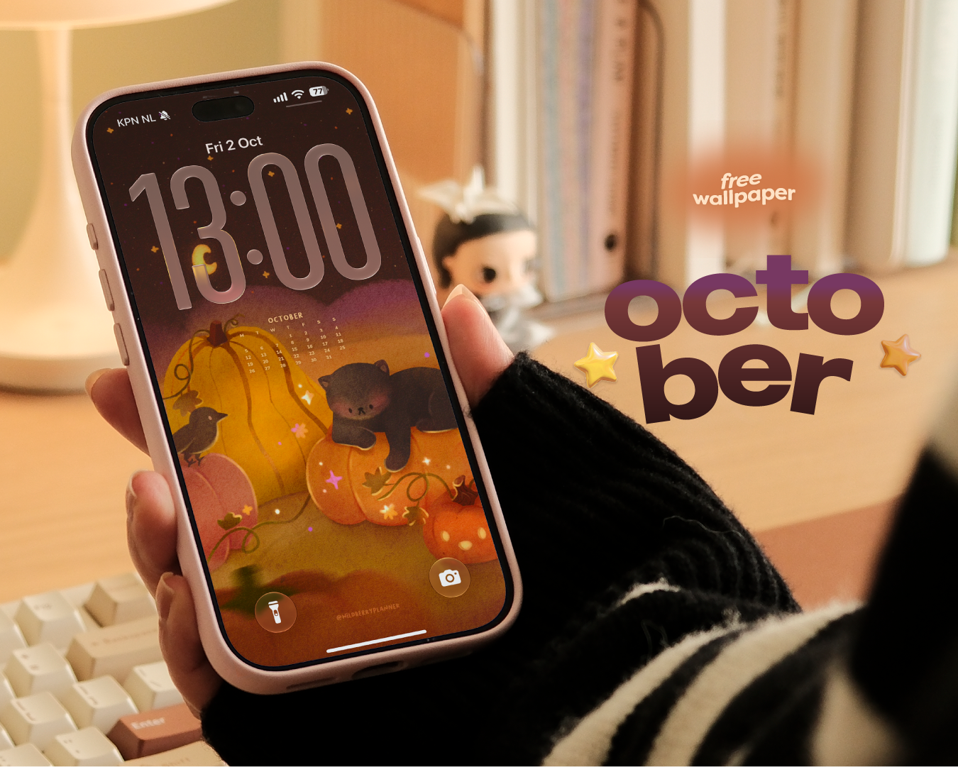 A wallpaper shown on a phone with an illustration and calendar