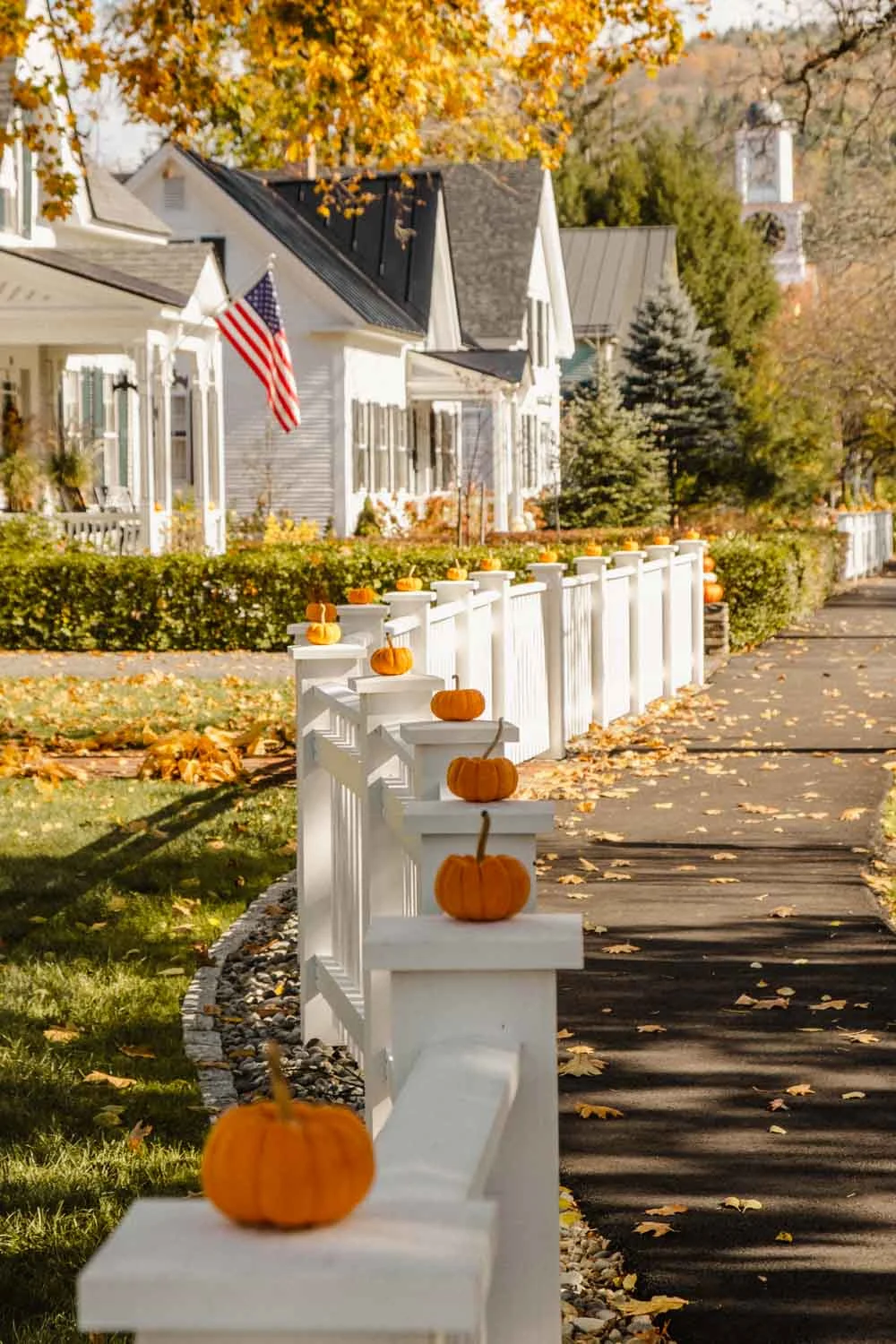 Pumpkins on a white picket fence in Woodstock, Vermont