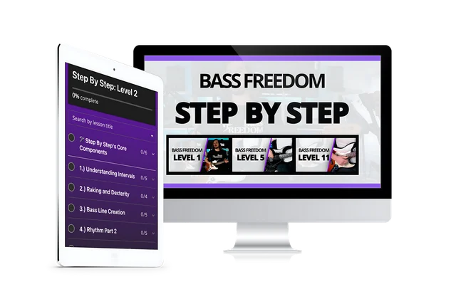 Step By Step bass course displayed on a desktop and tablet