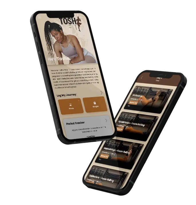TOSH FIT app screens showing guided workouts