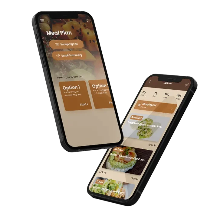 TOSH FIT app screens showing meal plans and shopping lists