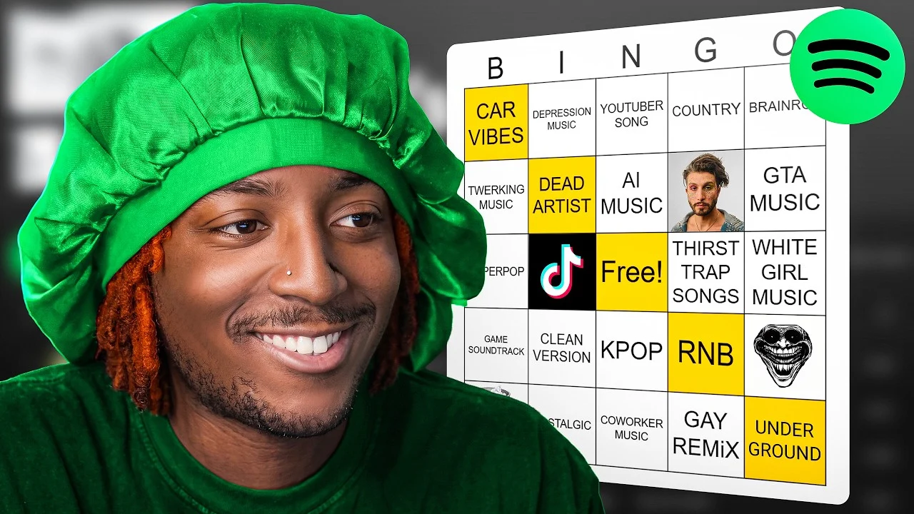 tnickelss beside a Spotify Bingo board in a YouTube video thumbnail