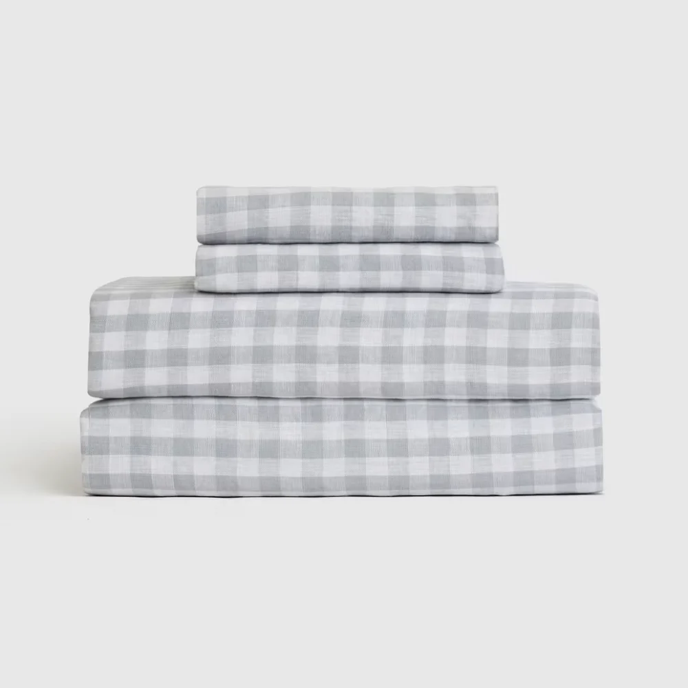 Quince European Linen Bed Sheets in Blue Fog Gingham