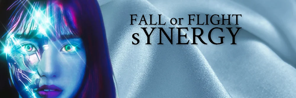 FALL or FLIGHT sYNERGY banner with a luminous cybernetic portrait in cyan and violet