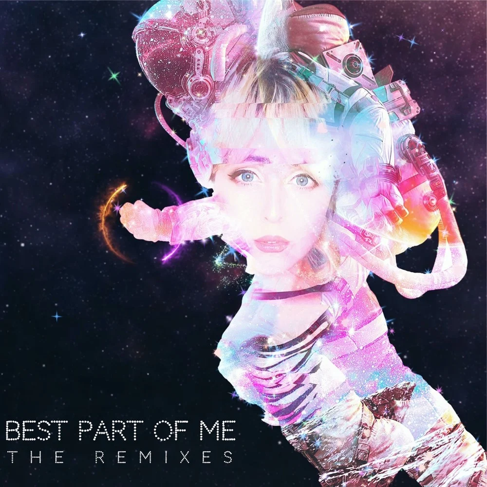 Best Part of Me remixes cover art with an astronaut collage in pink and lilac