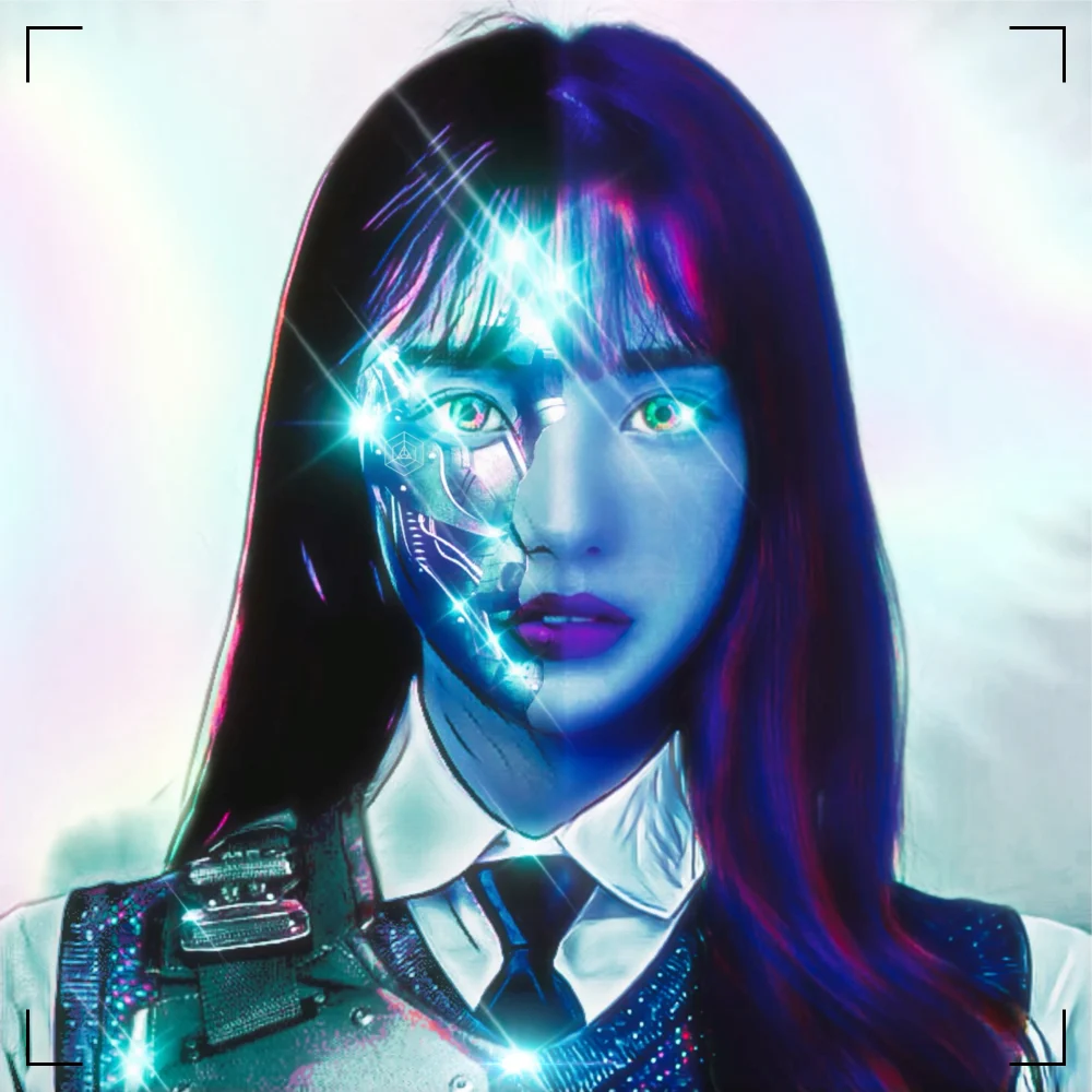 sYNERGY cover art featuring a cybernetic woman with luminous circuitry