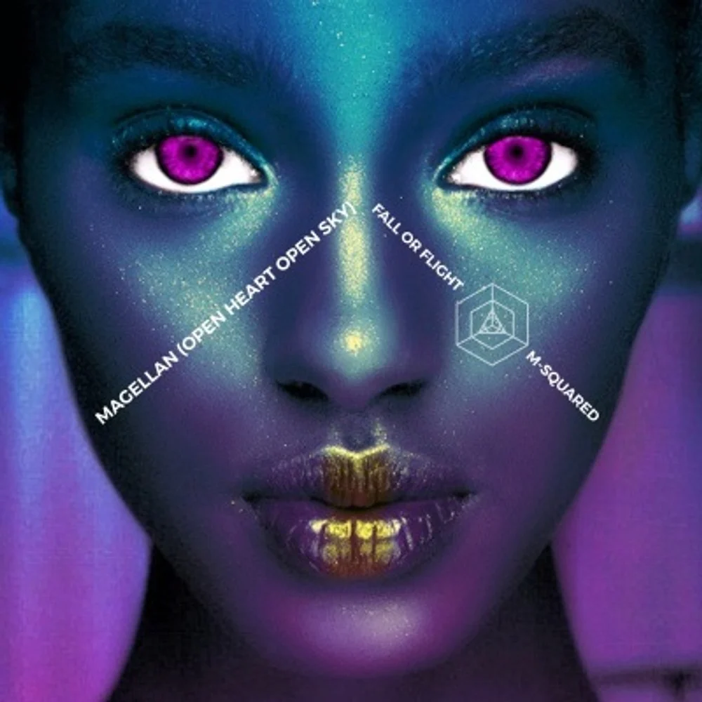 mAGELLAN cover art with a blue and violet face, magenta eyes, and gold lips