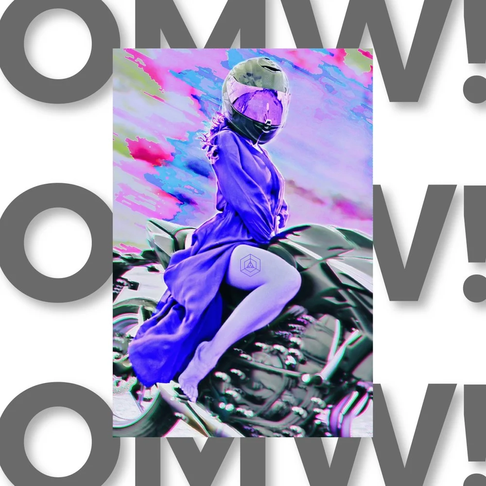 oMW! cover art with a motorcycle rider in a purple and cyan cyberpunk scene