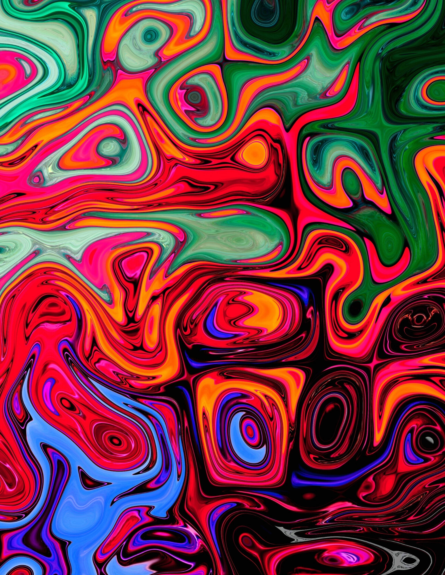 Psychedelic swirl of red, orange, green and blue paint