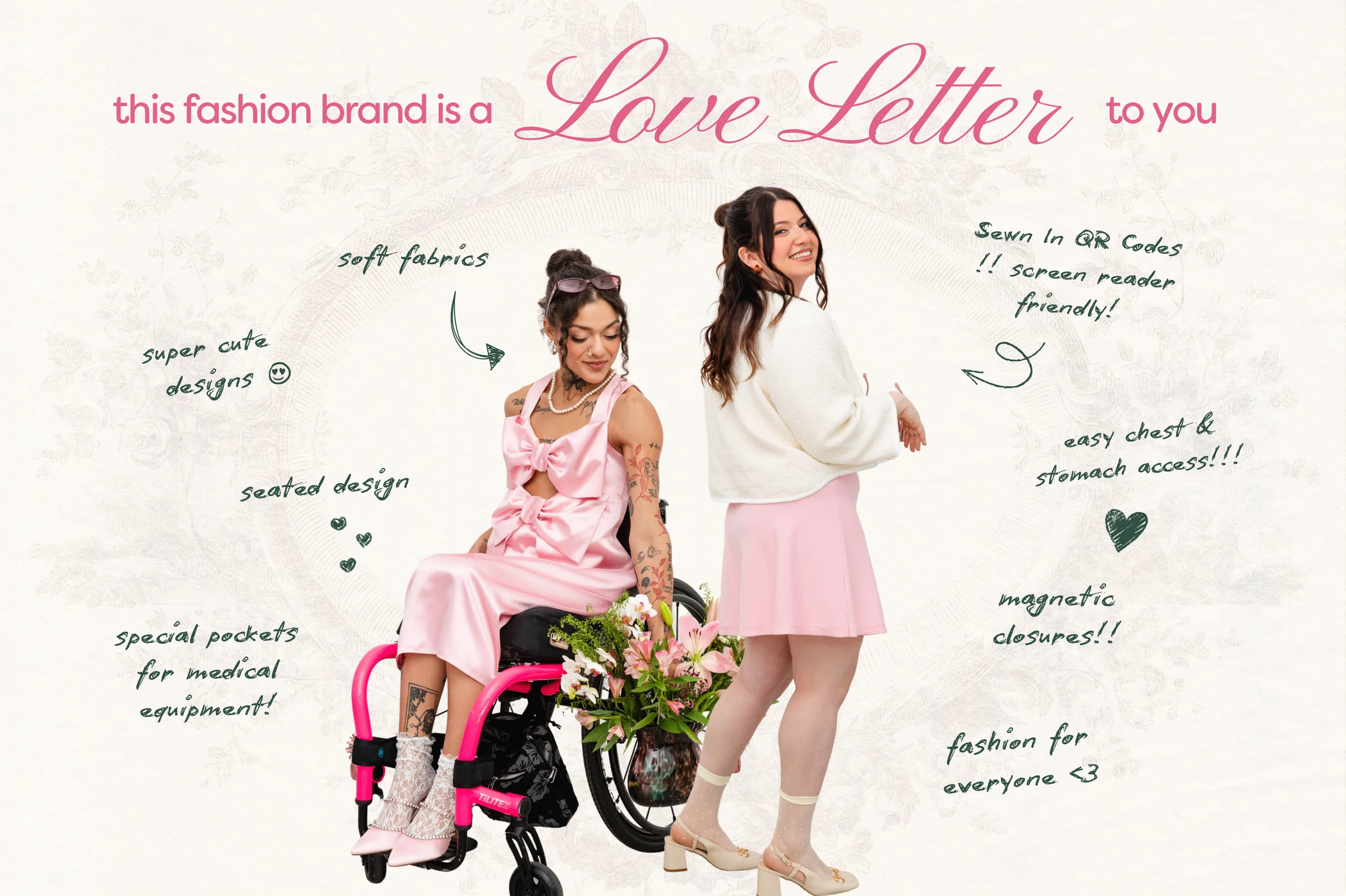 Two Love, Emma models wearing romantic accessible clothing alongside handwritten design details