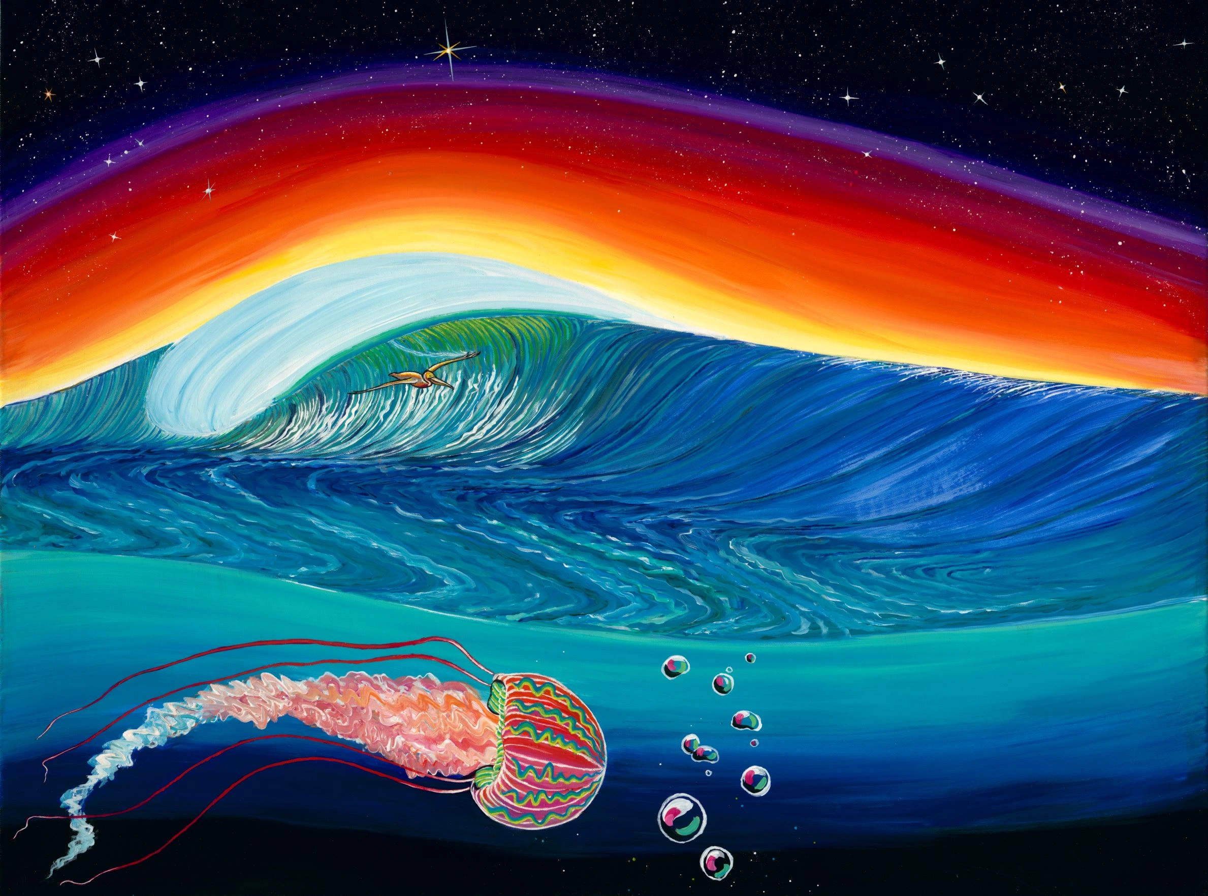 The Spot: a breaking wave under a rainbow night sky with a jellyfish below