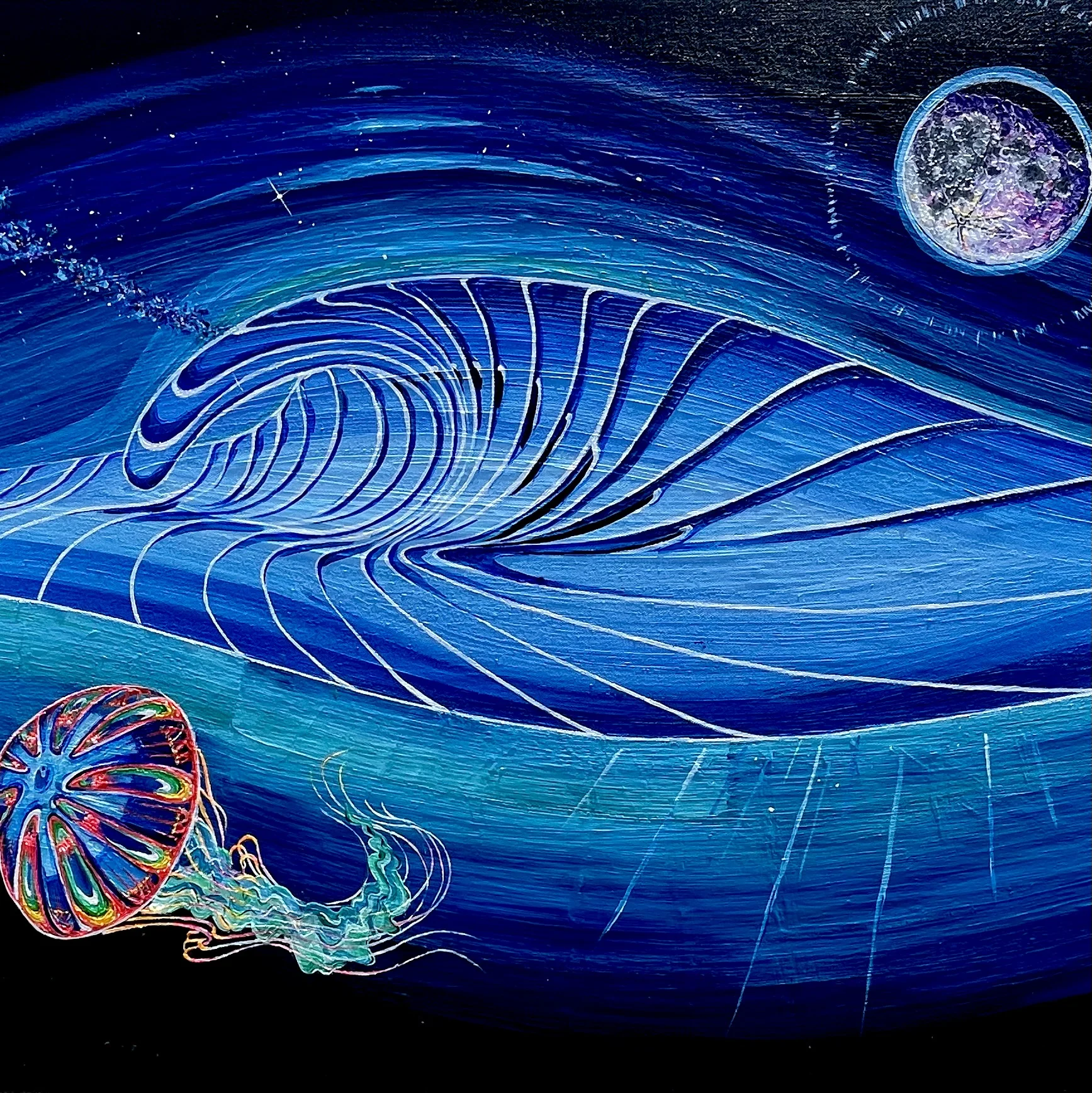 Once in a Blue Moon: a curling wave and jellyfish beneath the moon