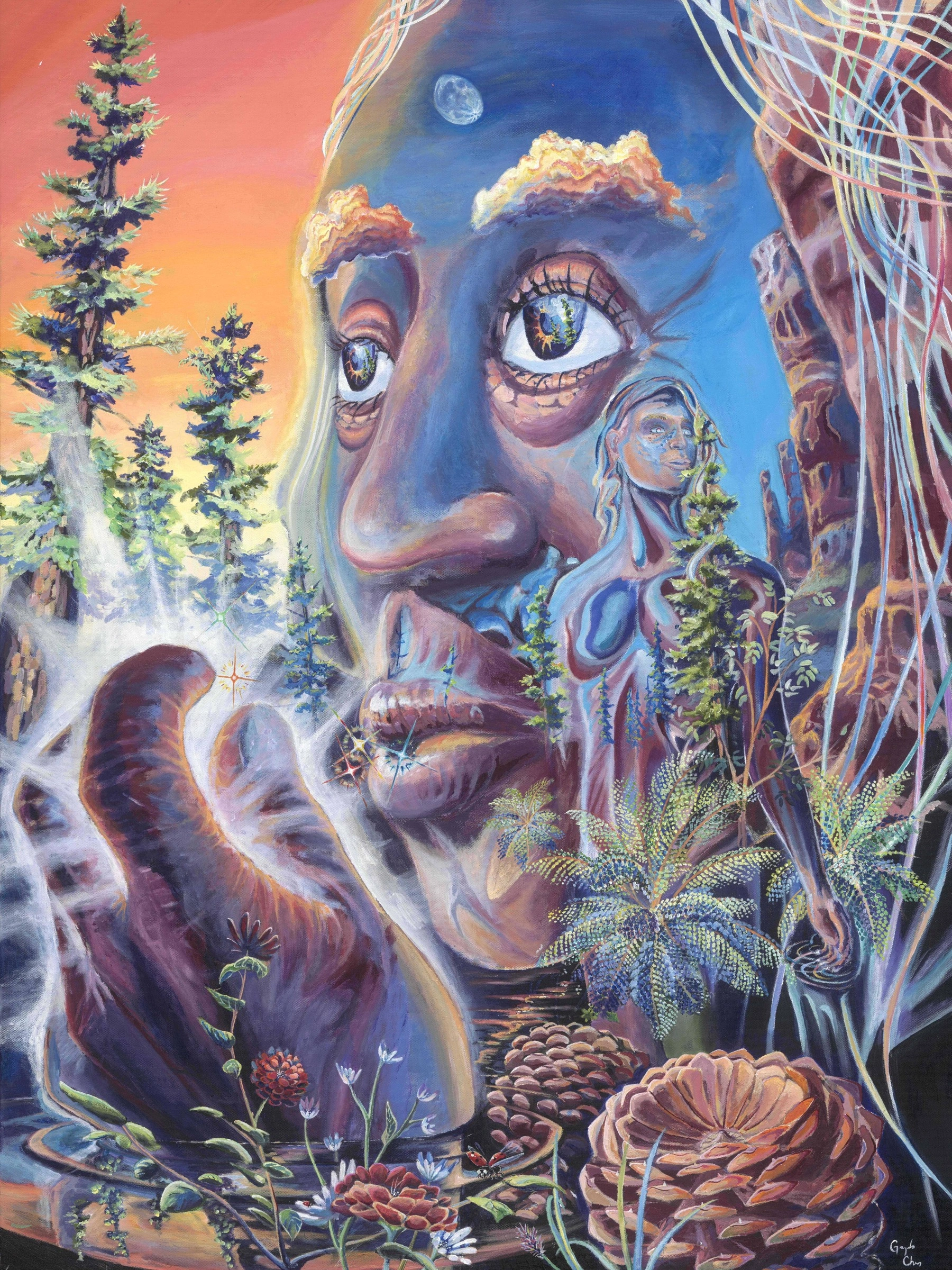 Serendipity painting: a giant face emerging from forest and stream