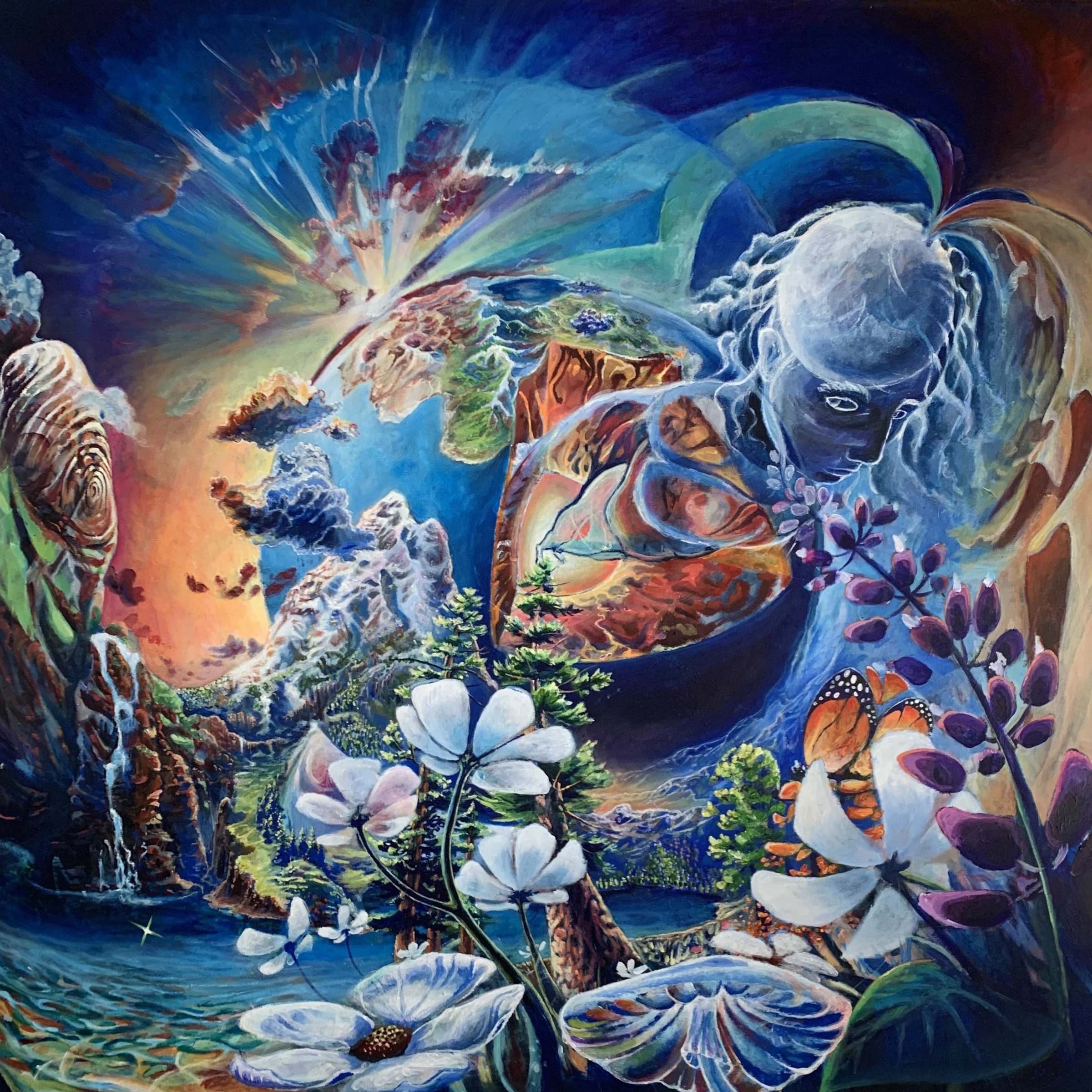 Symbiosis painting: a cosmic figure, blooms and sea life