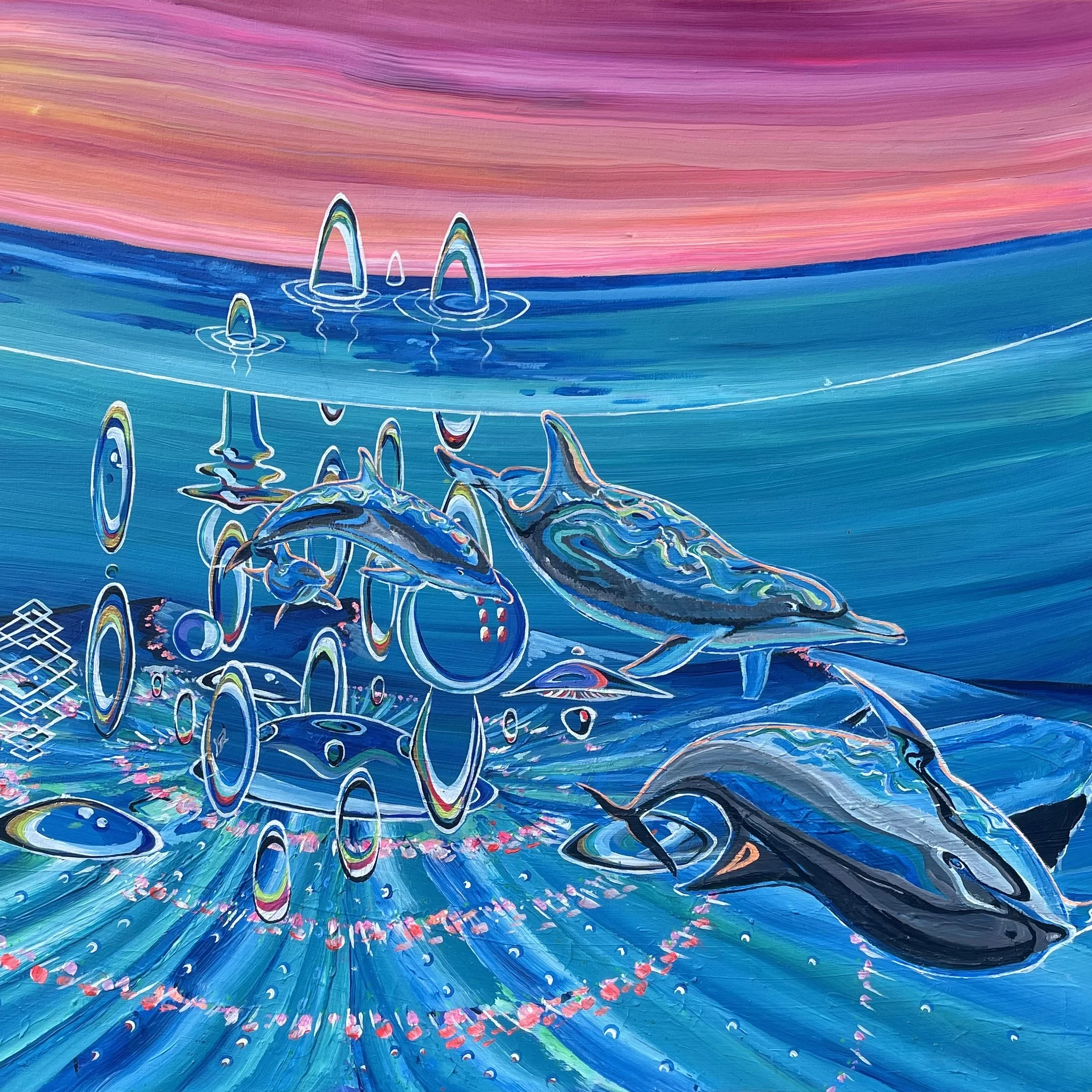 Synchronicity: dolphins leaping through a rippling blue sea