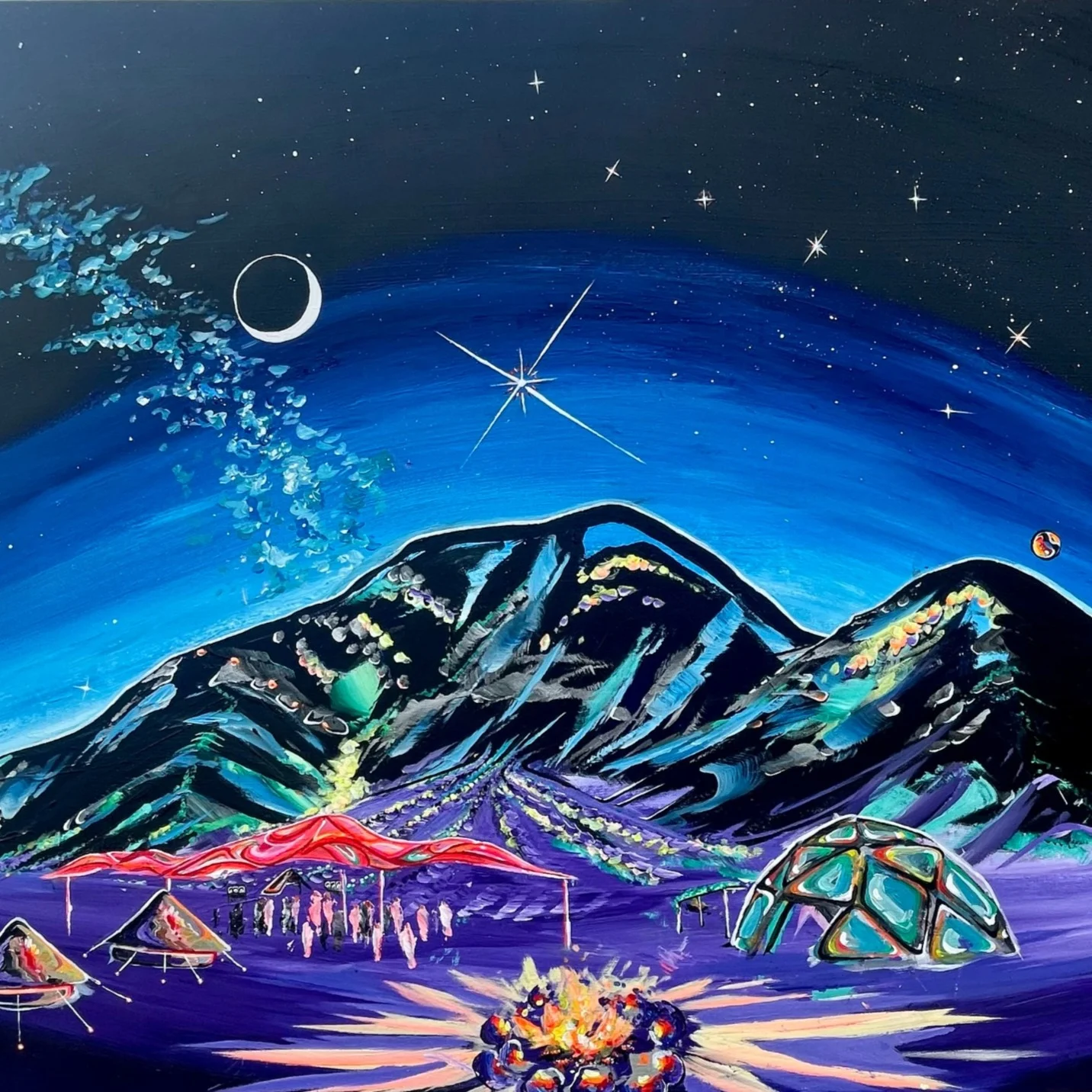 Curiosity: a campfire under mountains and a starry sky