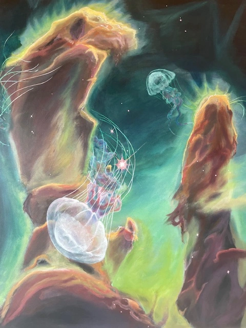 Messengers painting: glowing jellyfish drifting through a nebula