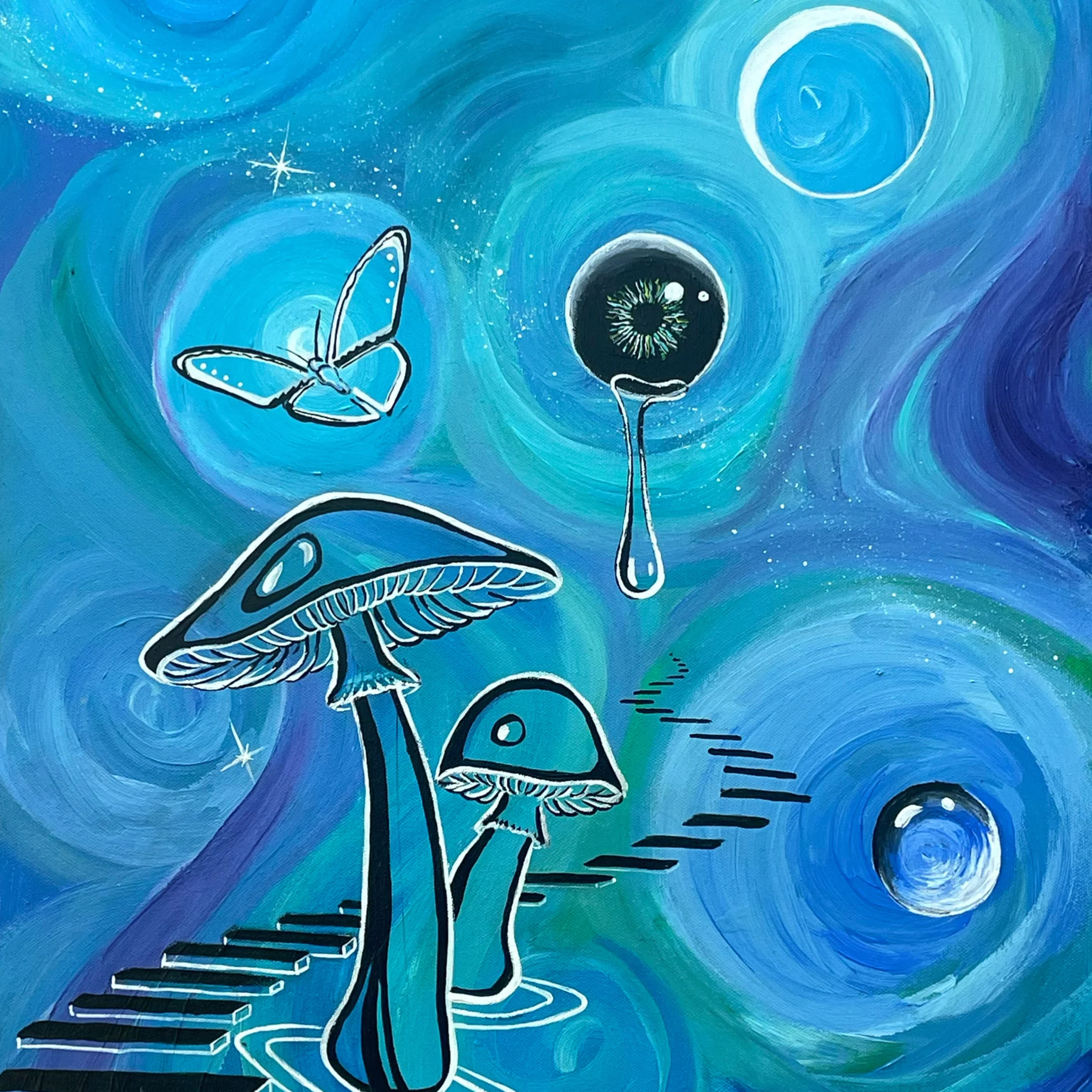 Metamorphic Conception: blue mushrooms, a butterfly and floating orbs