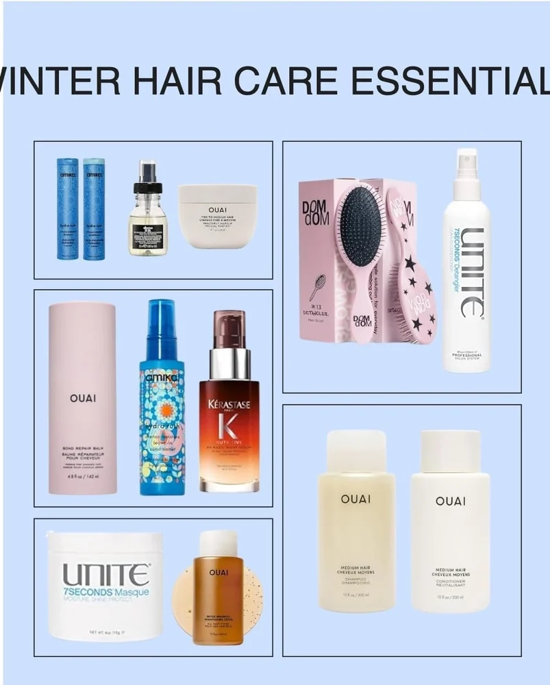 Collage of winter hair care essentials from OUAI, UNITE and more