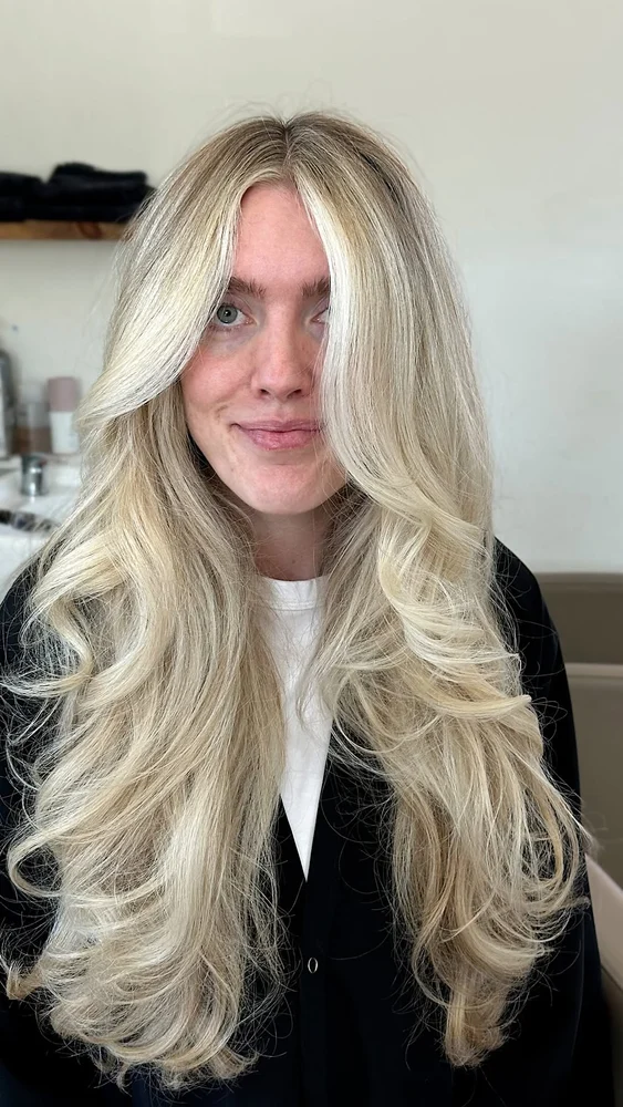 Long bright platinum blonde layers