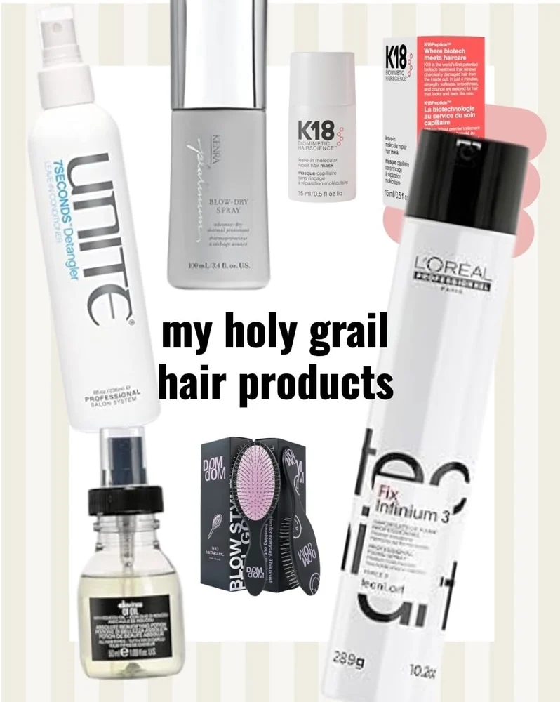 Collage of her holy grail hair products, including UNITE and K18