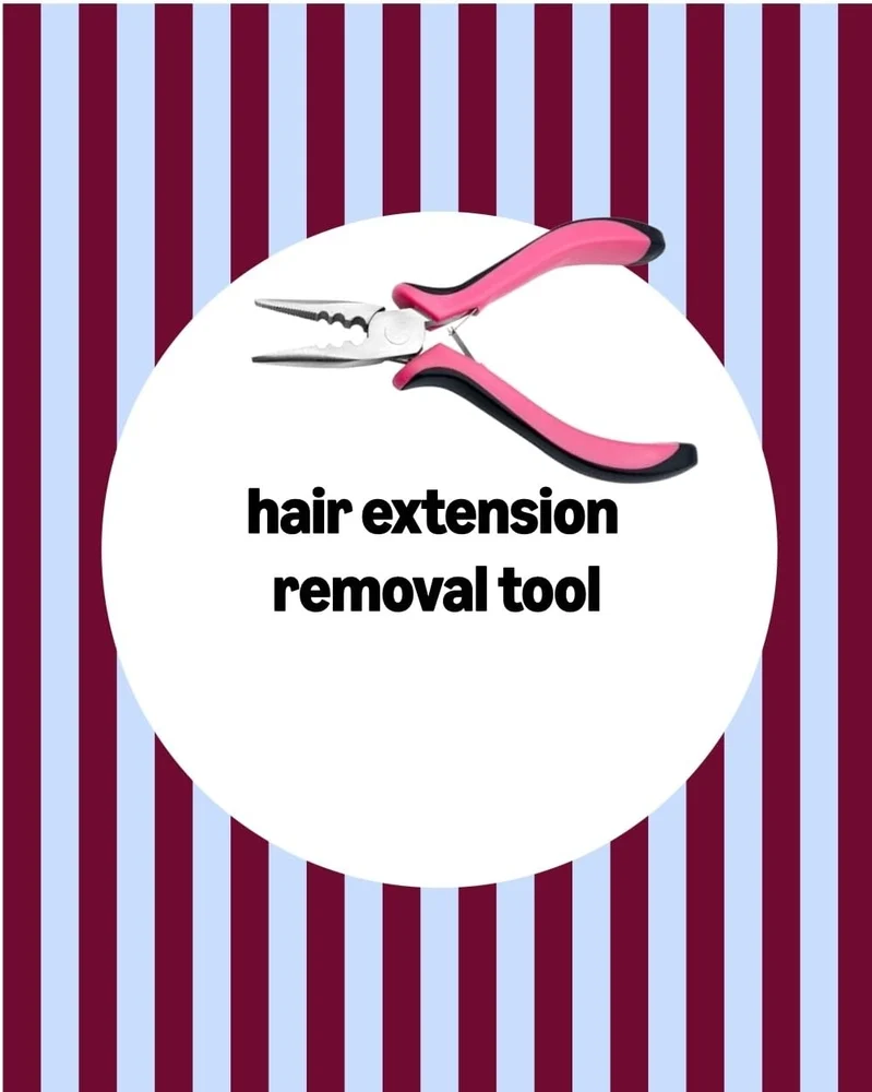 Pink hair extension pliers on a striped graphic
