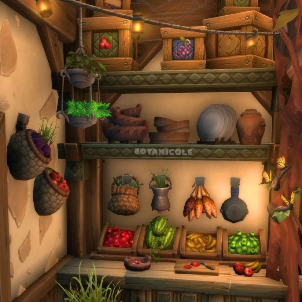A cottage pantry with shelves of pots, produce and baskets