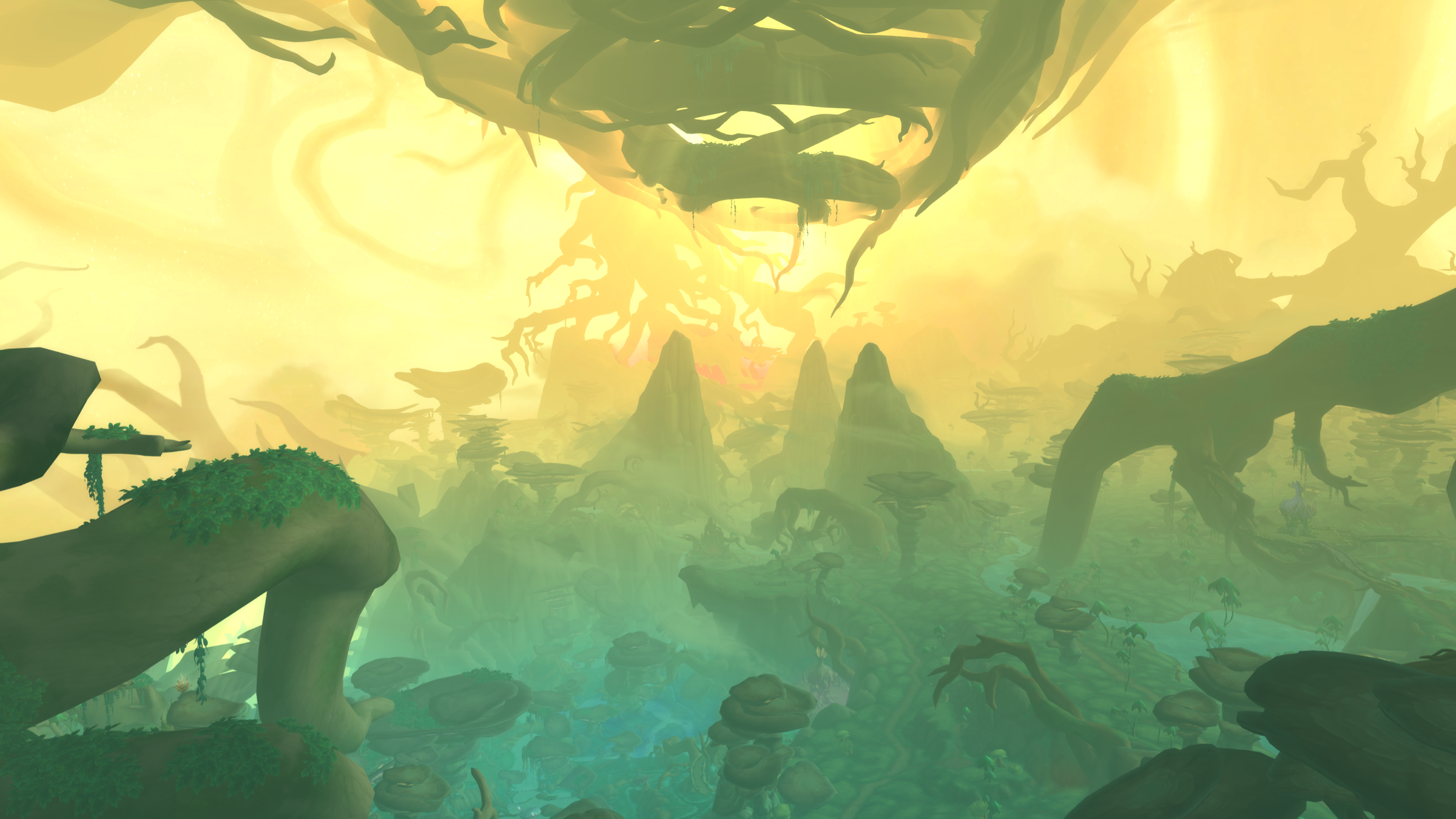 A glowing green and gold Emerald Dream landscape from World of Warcraft