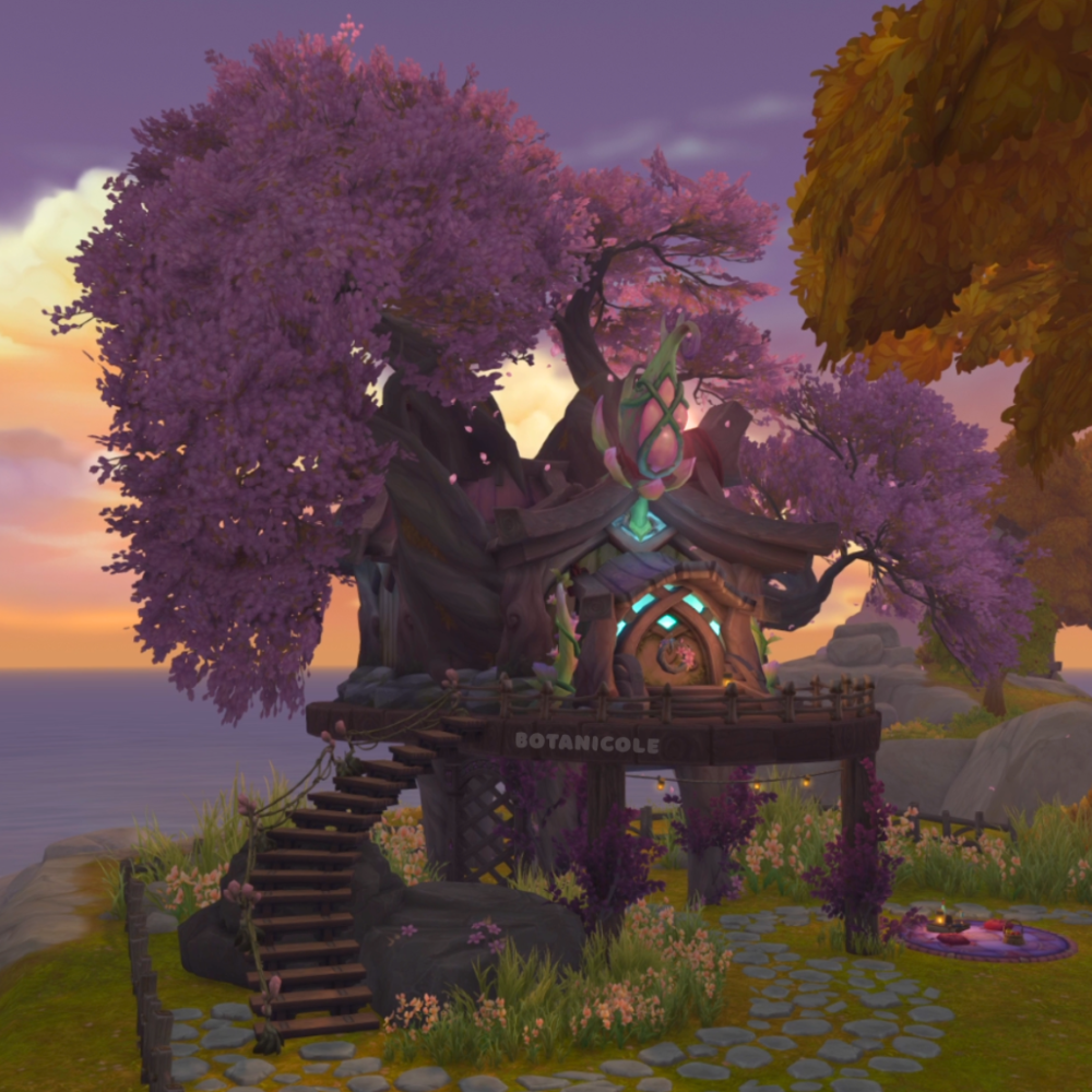 A treehouse in a purple blossom tree at sunset