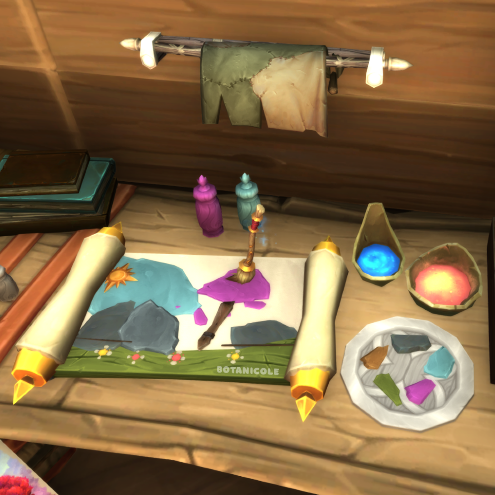 A painting corner with a canvas, scrolls and paint pots
