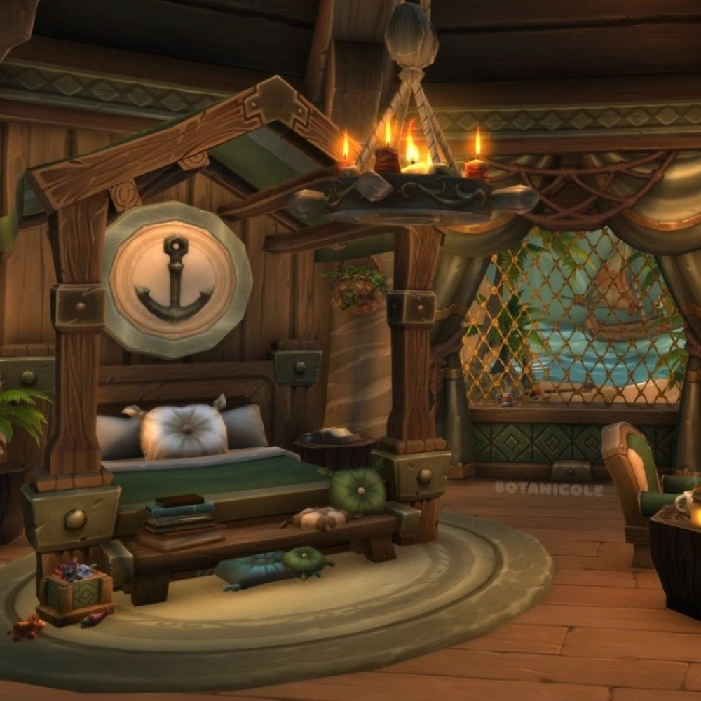 A coastal cottage bedroom with an anchor above the bed