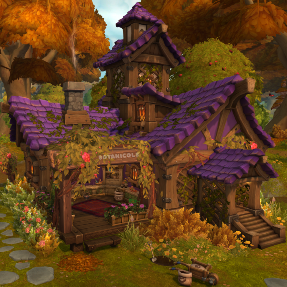 A cozy cottage with purple roofs among autumn trees, built in WoW housing